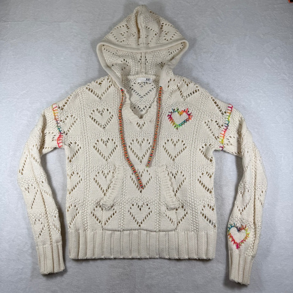 KUT from the Kloth Womens XS Cream Heart Pointelle Knit Hoodie Rainbow KS26601